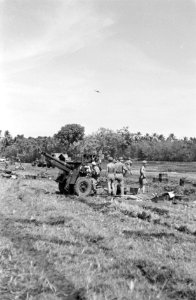 Een batterij in stelling. Daarboven cirkelt een Curtiss P40 jachtvliegtuig, Bestanddeelnr 3802