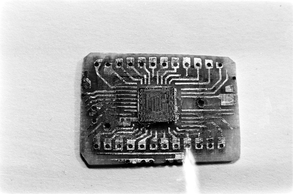 Een chip (uit horloge) op een hand. De chip, Bestanddeelnr 932-0858