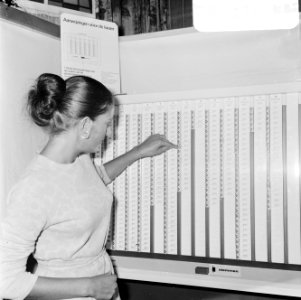 Een dame demonstreert de stemmachine, Bestanddeelnr 921-6915