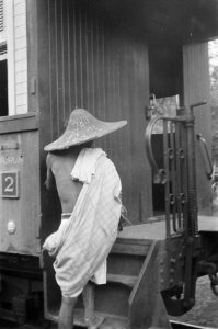Een Javaanse man op de treeplank van een spoorwegwagon, Bestanddeelnr 445-6-4