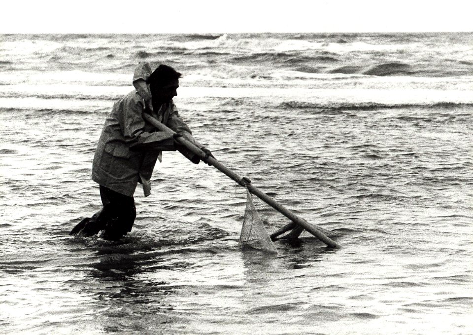 Een garnalenvisser in de branding. Aangekocht in 1977 van fotograaf C. de Boer. Identificatienummer 54-005093, NL-HlmNHA 1478 25900 K 38