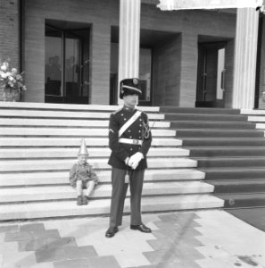 Een jongetje met feestmust zit op de trappen van het bordes van het stadhuis. Vo, Bestanddeelnr 917-7975
