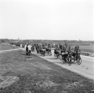 Een grote colonne verslagen Duitse soldaten trekt uit het Gooi weg richting Duitsland, Bestanddeelnr 900-2892