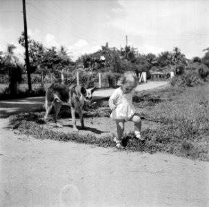 Een blond meisje met een hond op een weg in Suriname, Bestanddeelnr 252-6847