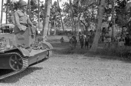 Een brencarrier passeert een kampong. Voorop staat een Nederlandse officier. D…, Bestanddeelnr 821