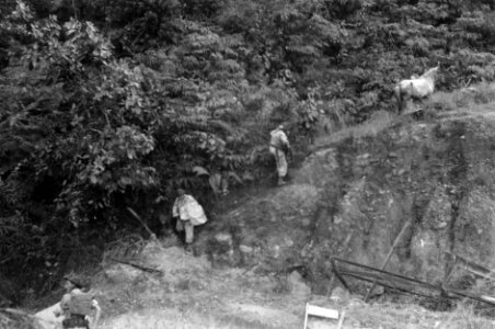 Een infanterie-eenheid bestijgt een heuvel. Boven staat een pakpaard. Op de gro, Bestanddeelnr 2546