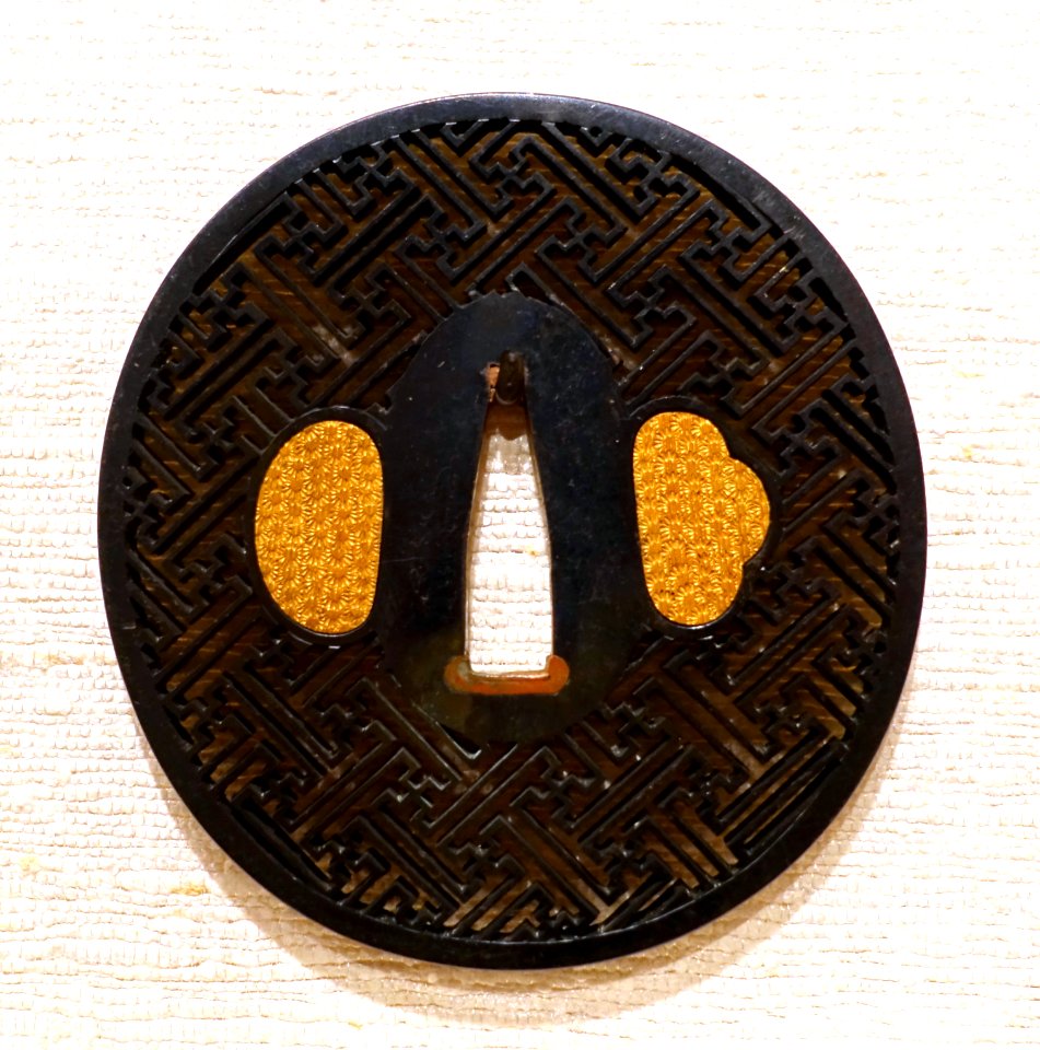 Extended Swastika Pattern, tsuba, Japan, shakudo (copper, gold, and silver alloy) - Peabody Essex Museum - DSC07465