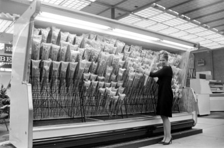 Expositie zelfbediening 1967 te Utrecht, een stellage voor de verkoop van bloeme, Bestanddeelnr 920-3360