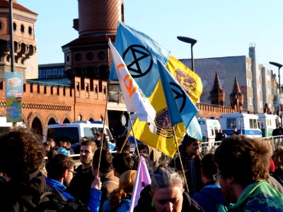 Extinction Rebellion flags at Oberbaumbrücke 13