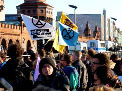 Extinction Rebellion flags at Oberbaumbrücke 09