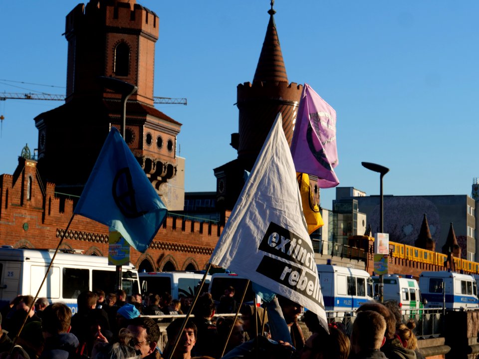 Extinction Rebellion flags at Oberbaumbrücke 16