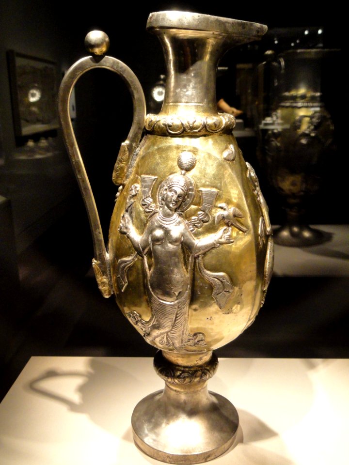 Ewers with female figures, view 1, Iran, Sasanian period, 6th-7th century AD, silver and gilt - Arthur M. Sackler Gallery - DSC05788