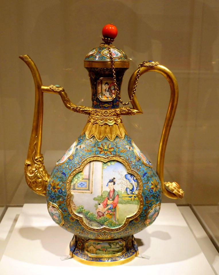 Ewer with lady and boy in garden, China, Imperial Workshop, Beijing, Qianlong period, probably 1760s-1770s AD, cloisonne, painted enamel, copper and gold alloy, coral, etc - Peabody Essex Museum - DSC07926