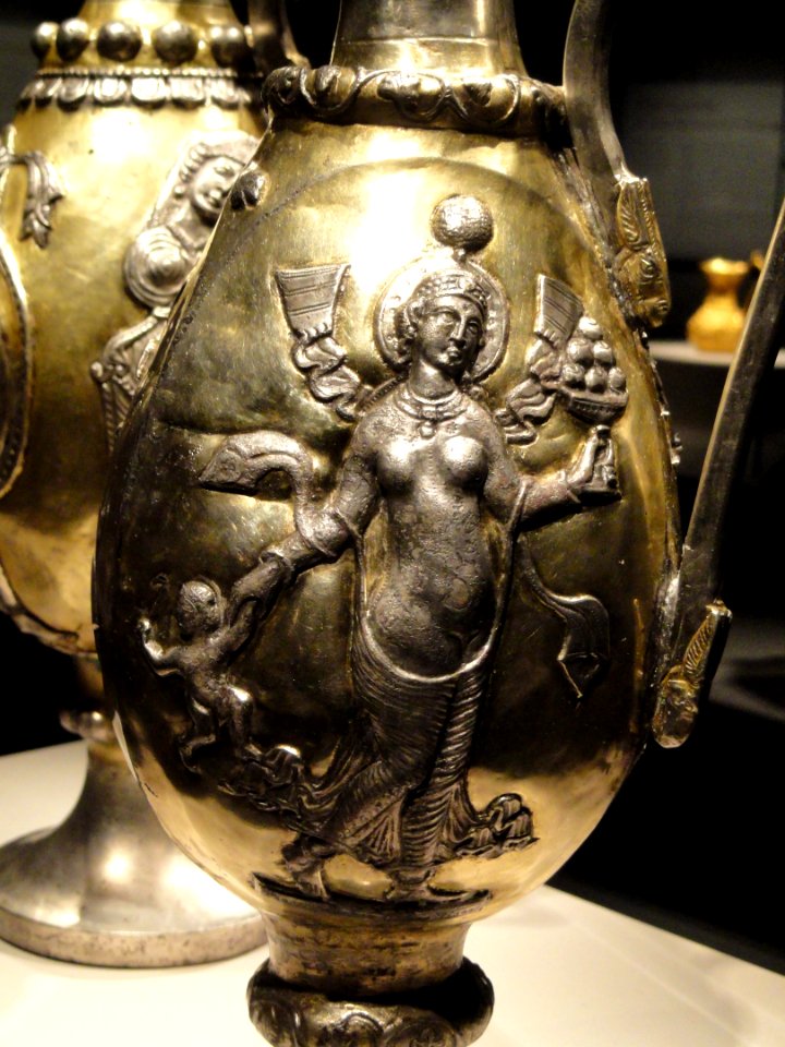 Ewers with female figures, view 3, Iran, Sasanian period, 6th-7th century AD, silver and gilt