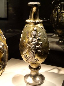 Ewers with female figures, view 2, Iran, Sasanian period, 6th-7th century AD, silver and gilt