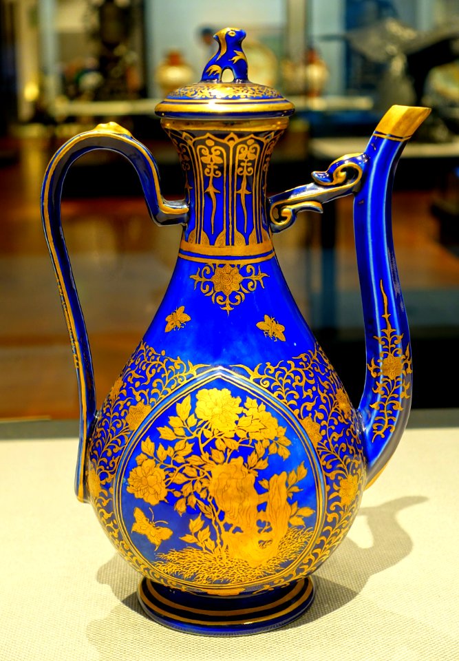 Ewer with arabesque design, by Takahashi Dohachi IV, Meiji period, dated 1873, ceramic, overglaze gold on blue glaze - Tokyo National Museum - Ueno Park, Tokyo, Japan - DSC09295