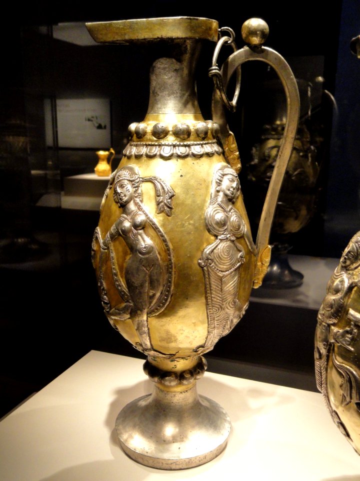 Ewers with female figures, view 5, Iran, Sasanian period, 6th-7th century AD, silver and gilt