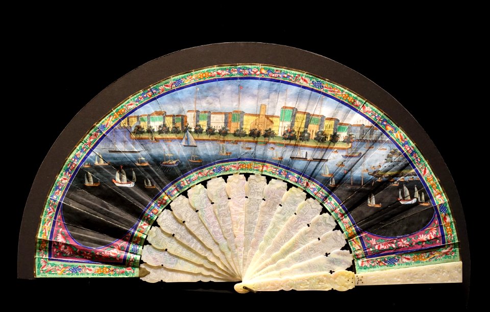 Fan with scene of foreign enclave, China, mid 1800s, mother-of-pearl and paper - Museu do Oriente - Lisbon, Portugal - DSC06841