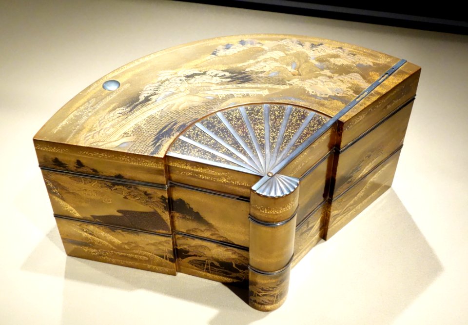 Fan-shaped tiered incense box with the Eight Views of Omi (Lake Biwa), Japan, Meiji or Taisho period, approx. 1868-1926, lacquered wood with makie, silver - Asian Art Museum of San Francisco - DSC01467