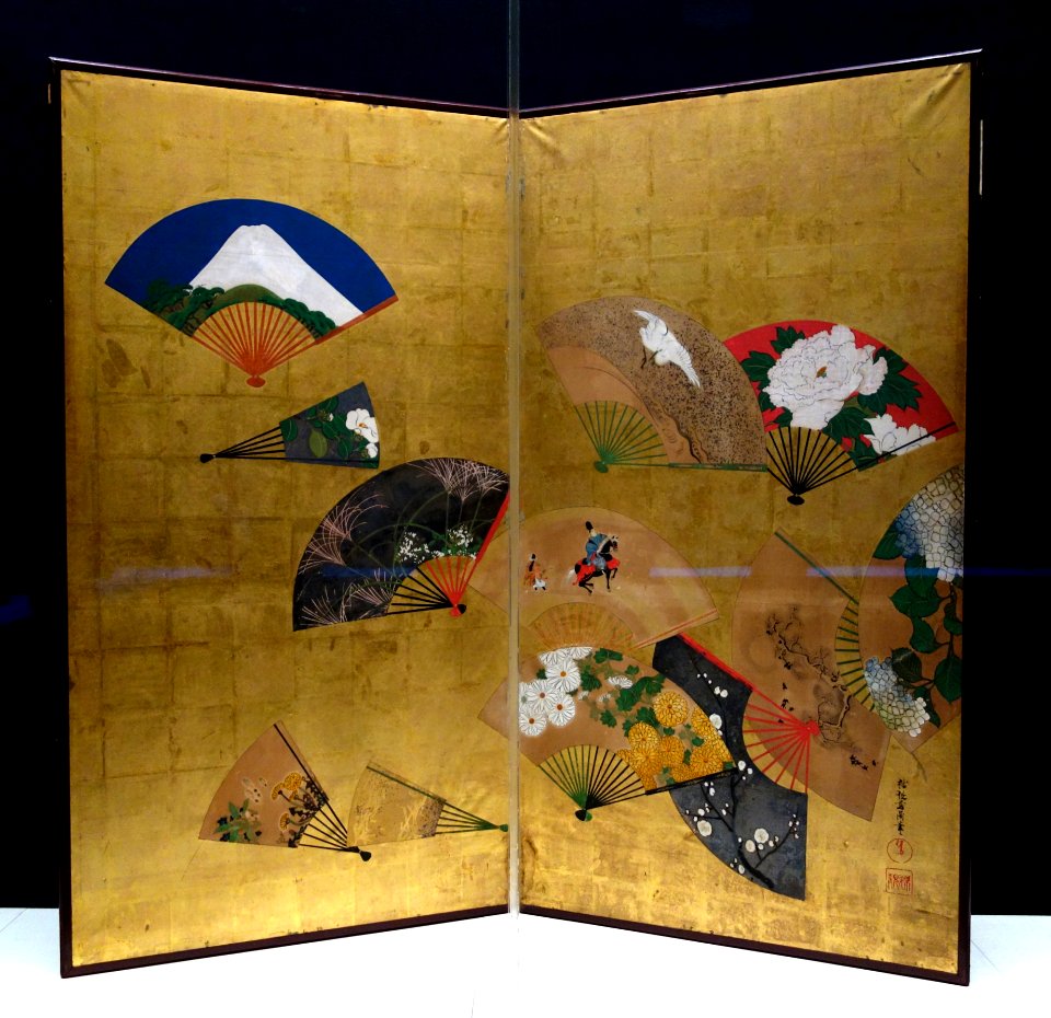 Fans by Sakai Oho (1808-1841), view 1, Edo period, 19th century, color on gold-leafed paper - Tokyo National Museum - DSC05954