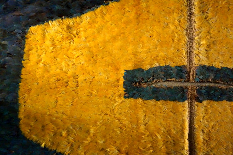 Feather tunic, perhaps Nasca Culture, Late Intermediate Period, 1000-1476 AD, South Coast, Peru, view 2, cotton, macaw feathers - Royal Ontario Museum - DSC04401