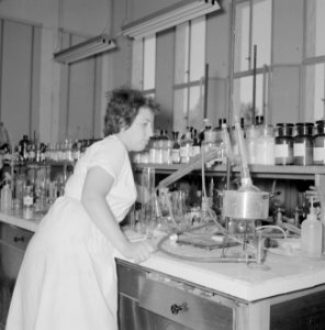 Fabriek voor kunstmest Plantex bij Haifa, laboratorium Laborante aan het werk m, Bestanddeelnr 255-4395