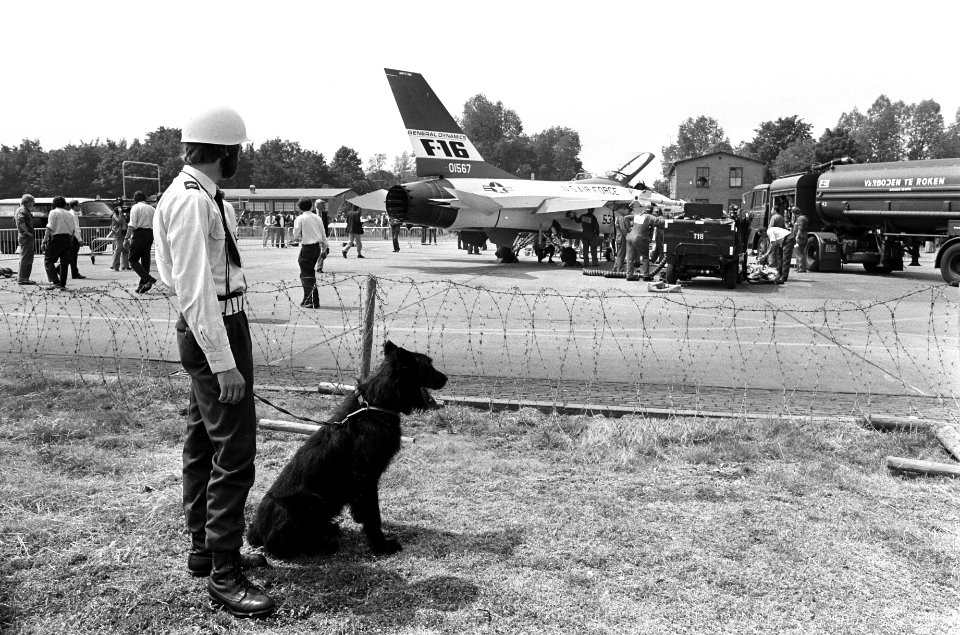 F16 omgeven door prikkeldraad en bewaakt door een militair met een waakhond, Bestanddeelnr 927-9980
