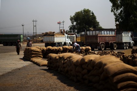 Ezidi workers and administrators packing grain in summer of 2019 at the grain processing center in Shingal 13