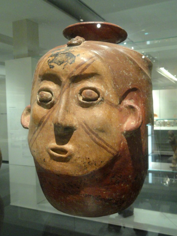 Face Effigy Jar, view 1, 300 BC - 300 AD, Colima or Jalisco, Mexico, earthenware with red and cream slips - Gardiner Museum, Toronto - DSC01293