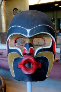 Face of Dzunukwa feast dish cover, Kwakwaka'wakw, Kingcome Inlet, British Columbia, c. 1900, red cedar, paint - Museum of Anthropology, University of British Columbia - DSC08747