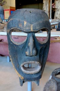 Face of Dzunukwa feast dish cover, Kwakwaka'wakw, Kingcome Inlet, British Columbia, c. 1900, red cedar, paint - Museum of Anthropology, University of British Columbia - DSC08748