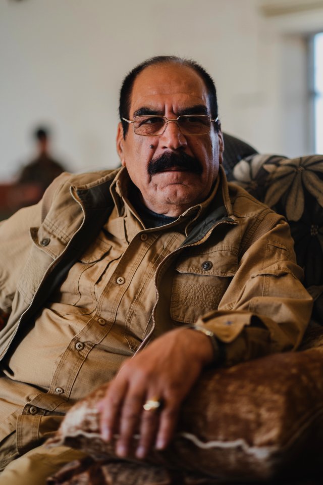 Ezidi Peshmerga commander Qasim Shesho giving an interview at his base in the Sinjar Mountains 19