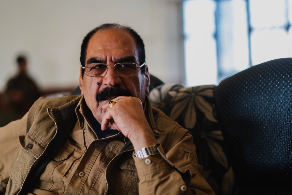 Ezidi Peshmerga commander Qasim Shesho giving an interview at his base in the Sinjar Mountains 23