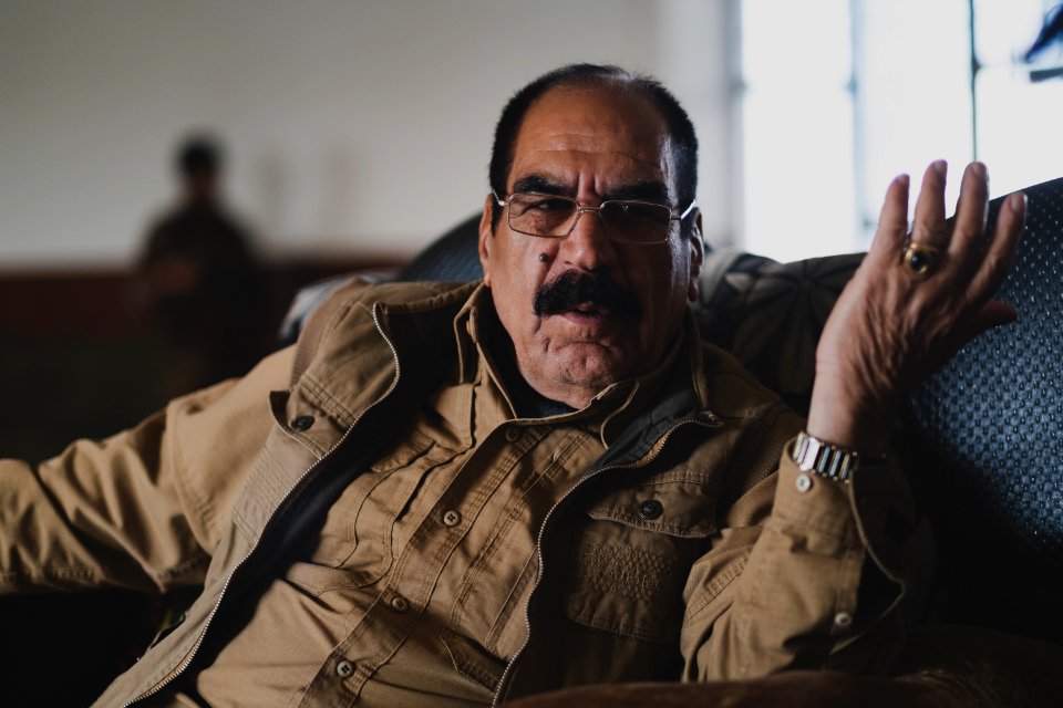 Ezidi Peshmerga commander Qasim Shesho giving an interview at his base in the Sinjar Mountains 13