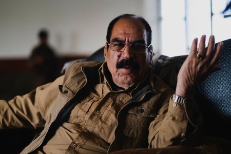 Ezidi Peshmerga commander Qasim Shesho giving an interview at his base in the Sinjar Mountains 13