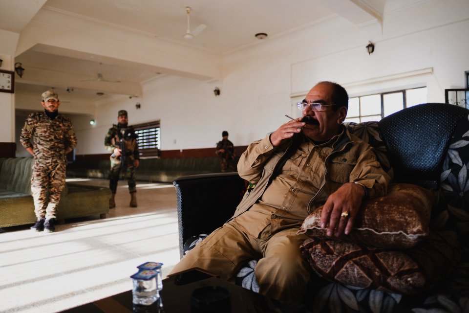 Ezidi Peshmerga commander Qasim Shesho giving an interview at his base in the Sinjar Mountains 07