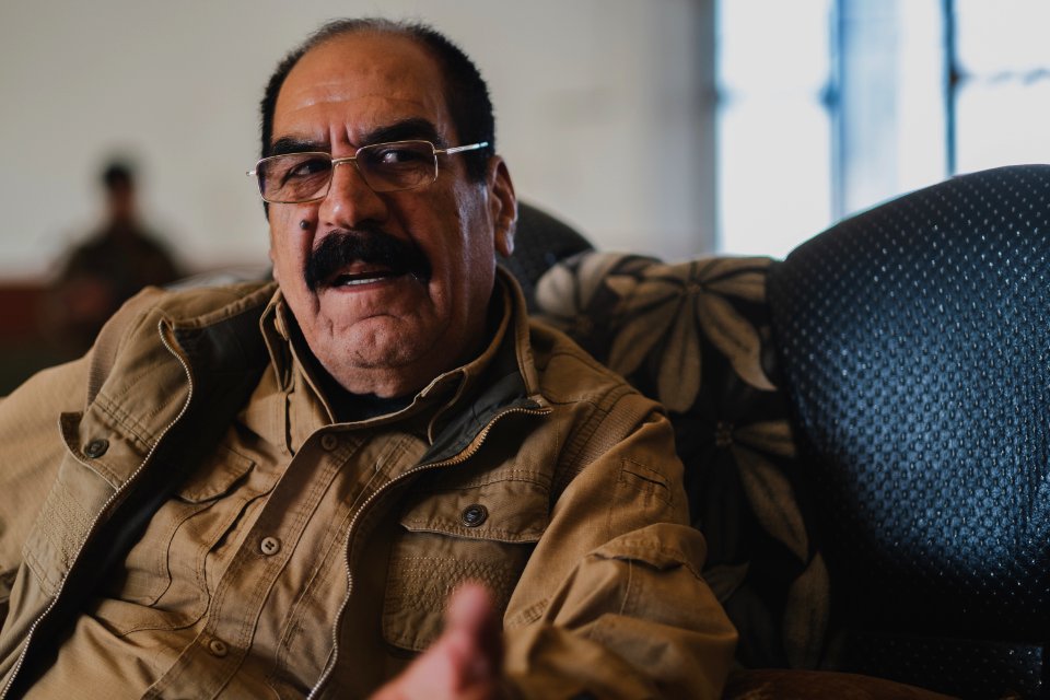 Ezidi Peshmerga commander Qasim Shesho giving an interview at his base in the Sinjar Mountains 20