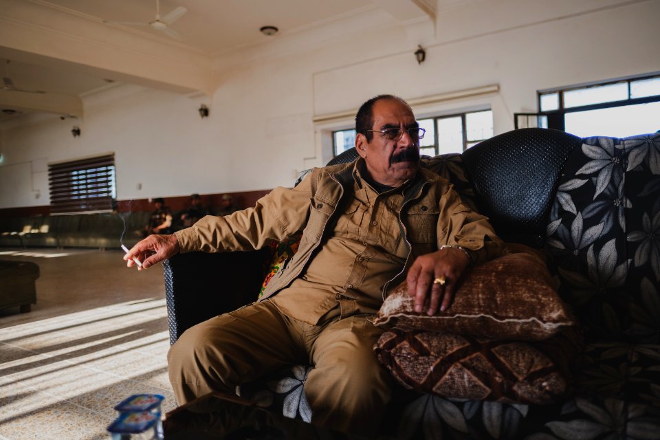 Ezidi Peshmerga commander Qasim Shesho giving an interview at his base in the Sinjar Mountains 12