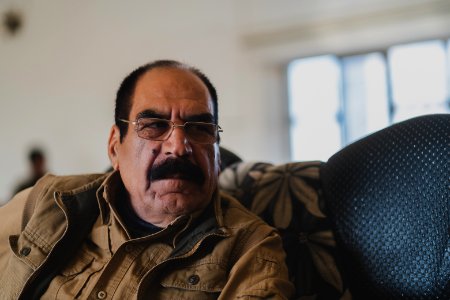 Ezidi Peshmerga commander Qasim Shesho giving an interview at his base in the Sinjar Mountains 26