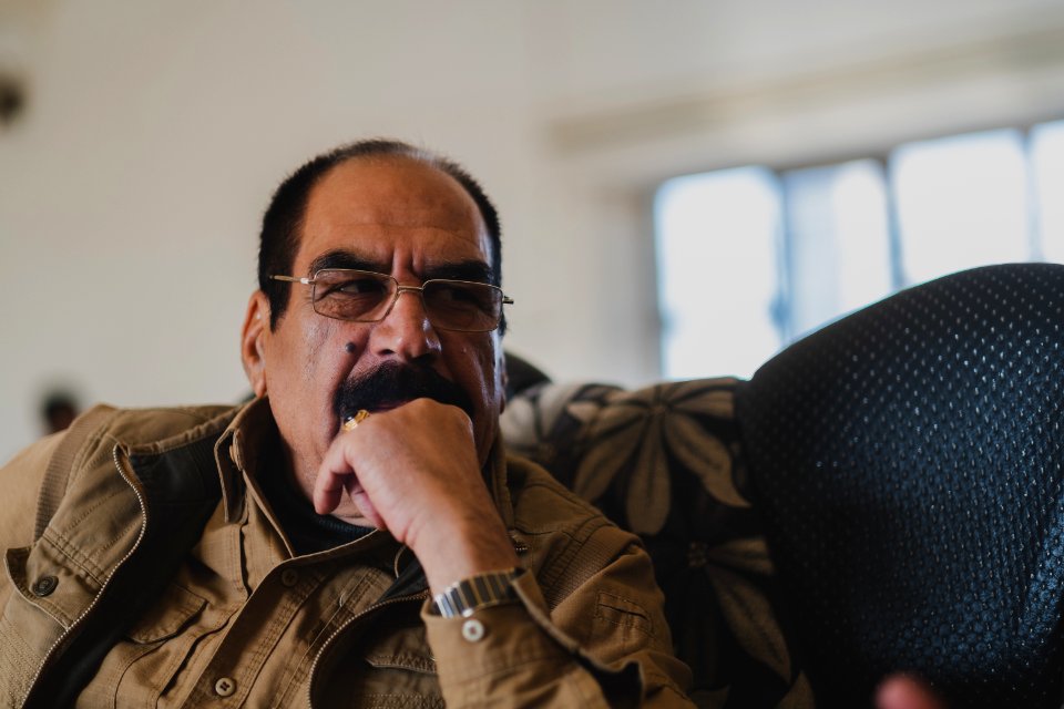 Ezidi Peshmerga commander Qasim Shesho giving an interview at his base in the Sinjar Mountains 25