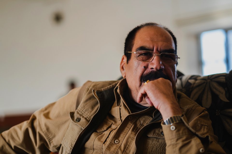 Ezidi Peshmerga commander Qasim Shesho giving an interview at his base in the Sinjar Mountains 24
