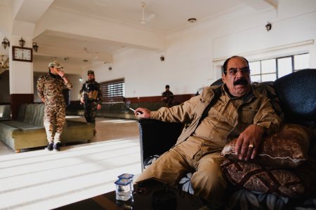 Ezidi Peshmerga commander Qasim Shesho giving an interview at his base in the Sinjar Mountains 08