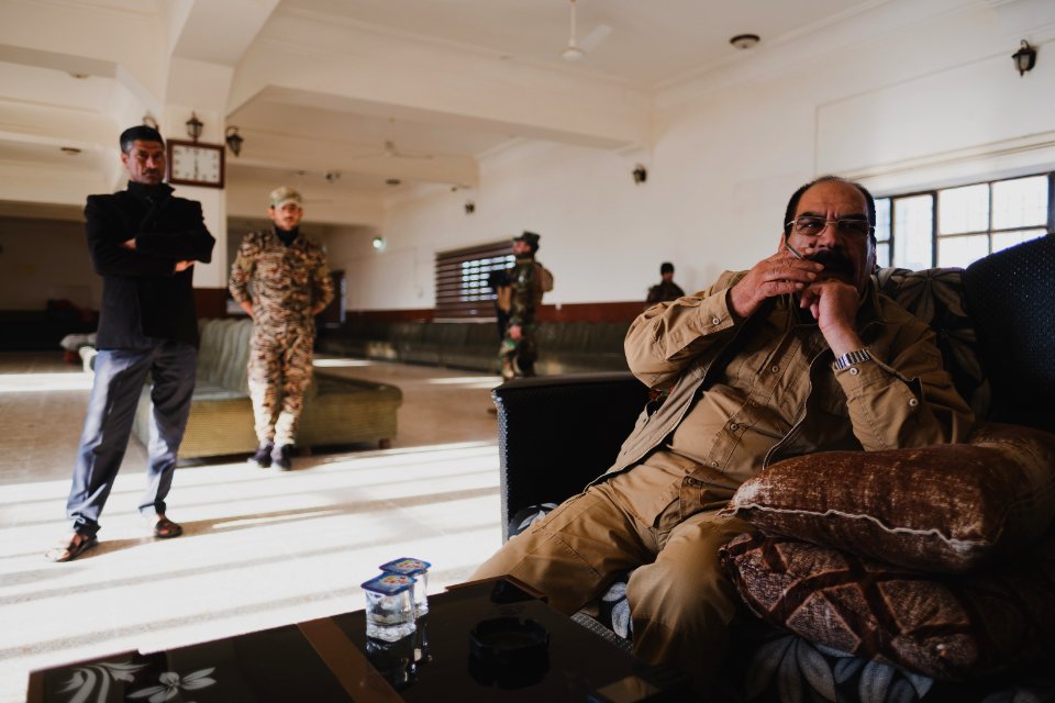 Ezidi Peshmerga commander Qasim Shesho giving an interview at his base in the Sinjar Mountains 04
