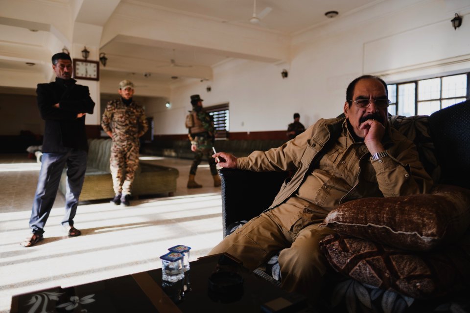 Ezidi Peshmerga commander Qasim Shesho giving an interview at his base in the Sinjar Mountains 03