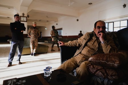 Ezidi Peshmerga commander Qasim Shesho giving an interview at his base in the Sinjar Mountains 03