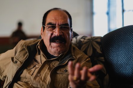 Ezidi Peshmerga commander Qasim Shesho giving an interview at his base in the Sinjar Mountains 21