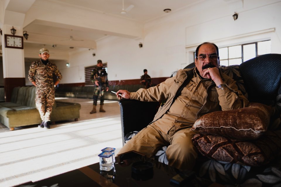 Ezidi Peshmerga commander Qasim Shesho giving an interview at his base in the Sinjar Mountains 09