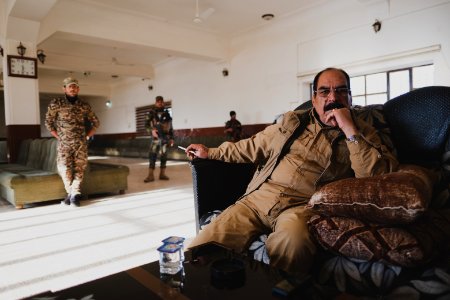 Ezidi Peshmerga commander Qasim Shesho giving an interview at his base in the Sinjar Mountains 09