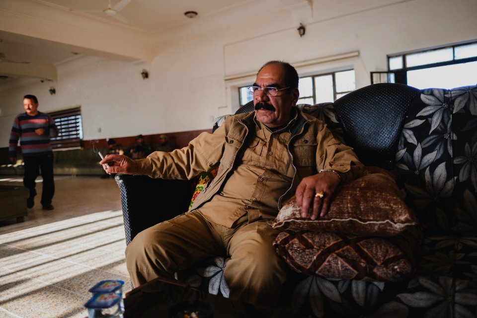 Ezidi Peshmerga commander Qasim Shesho giving an interview at his base in the Sinjar Mountains 11