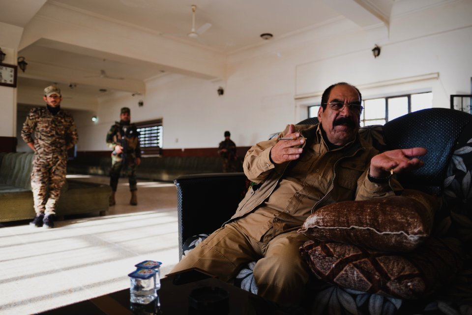 Ezidi Peshmerga commander Qasim Shesho giving an interview at his base in the Sinjar Mountains 05